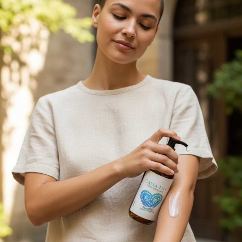 Woman applying sunscreen to her arm outdoors