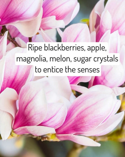Close-up of pink magnolia flowers with text overlay.
