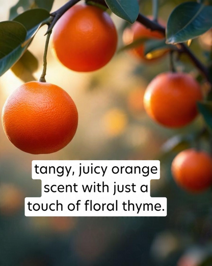 Oranges hanging on a tree with a text overlay describing their scent.