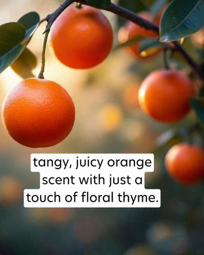 Oranges hanging on a tree with a text overlay describing their scent.
