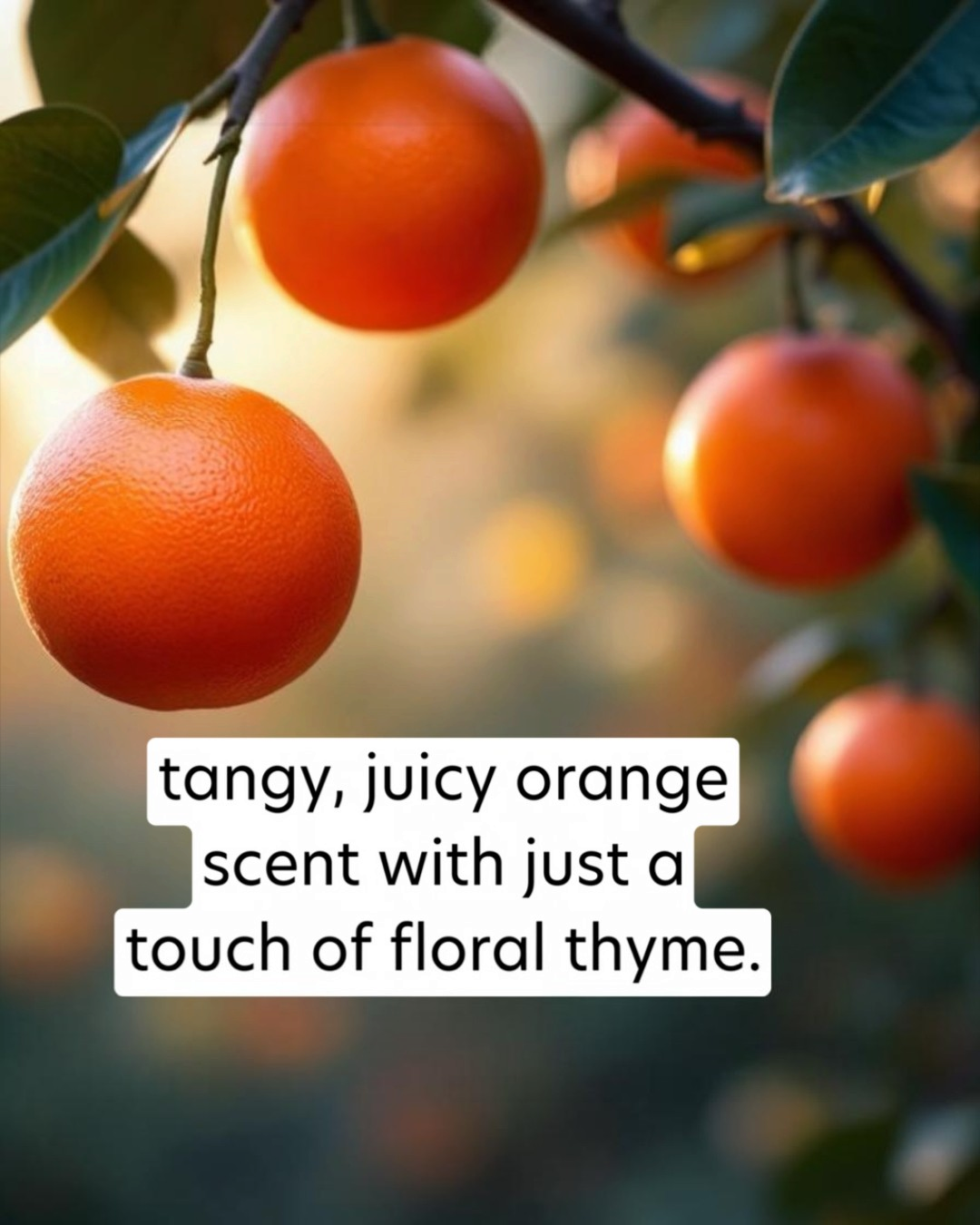 Oranges hanging on a tree with a text overlay describing their scent.
