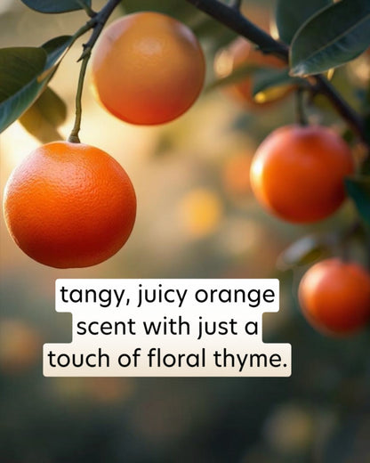 Oranges hanging on a tree with a text overlay describing their scent.