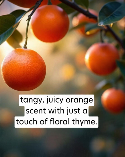 Oranges hanging on a tree with a text overlay describing their scent.