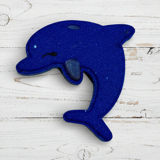 Blue dolphin-shaped object on a white background