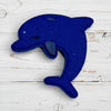 Blue dolphin-shaped object on a white background
