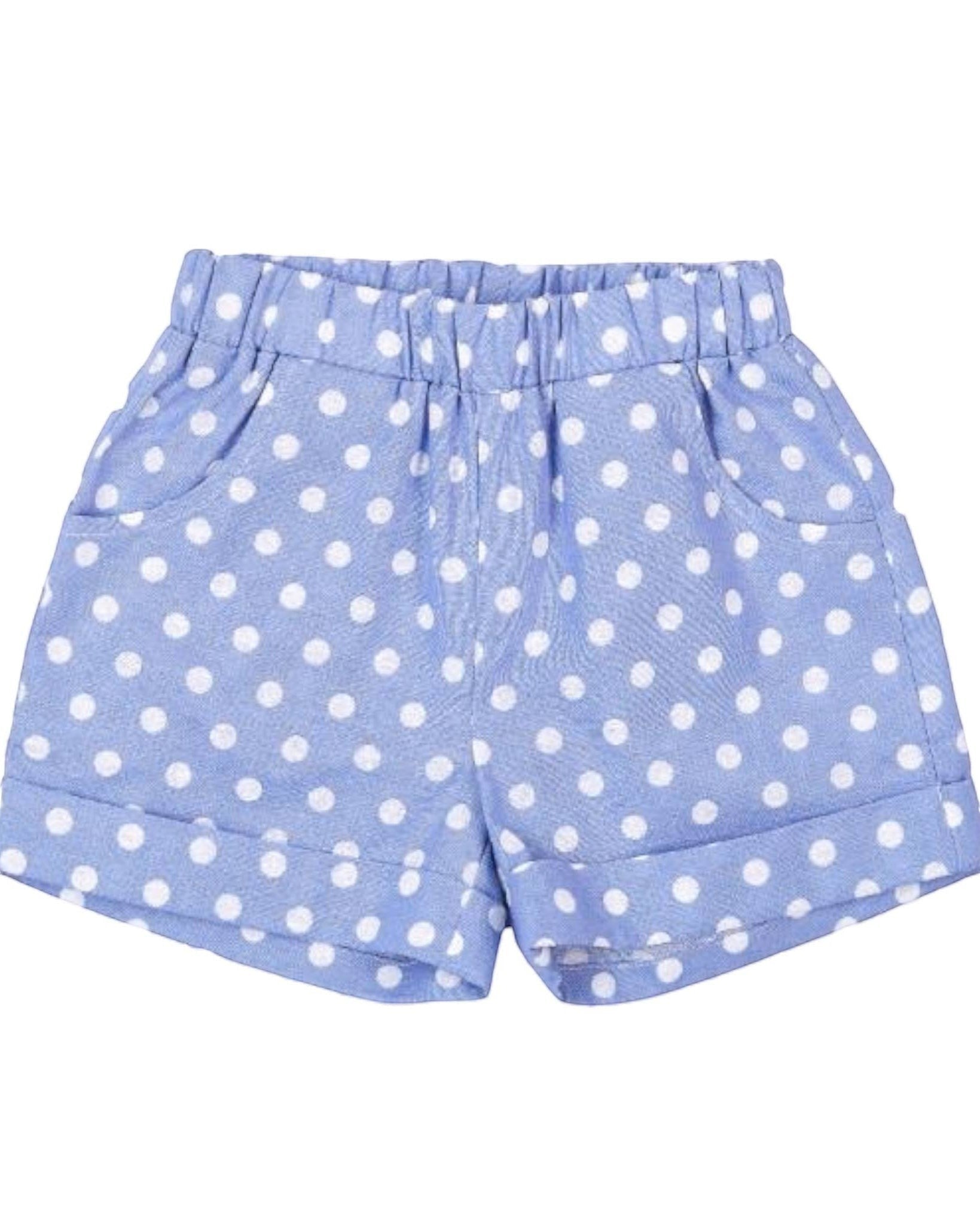Blue shorts with white polka dots on a white background
