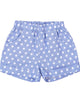 Blue shorts with white polka dots on a white background