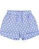 Blue shorts with white polka dots on a white background