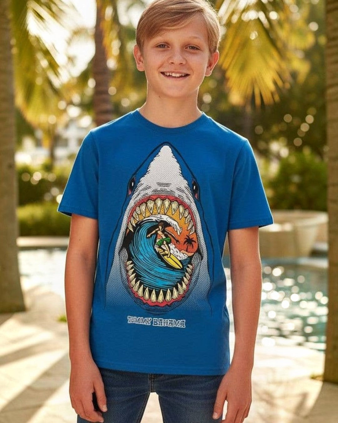 Child wearing a blue t-shirt with a shark graphic design, standing by a pool with palm trees in the background.