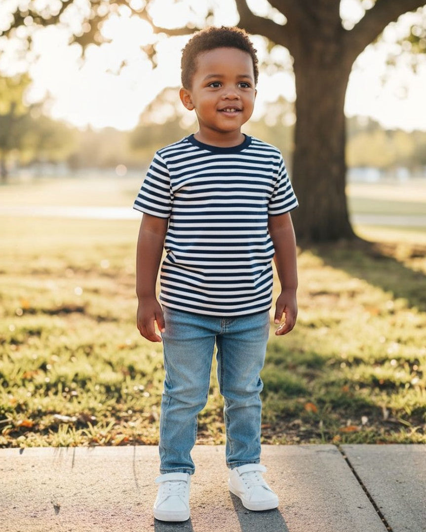 Child wearing a striped shirt and jeans standing on a path with trees and grass in the background