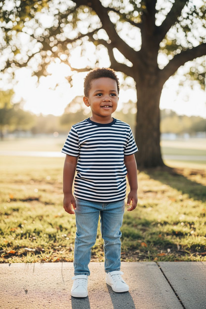 Child wearing a striped shirt and jeans standing on a path with trees and grass in the background