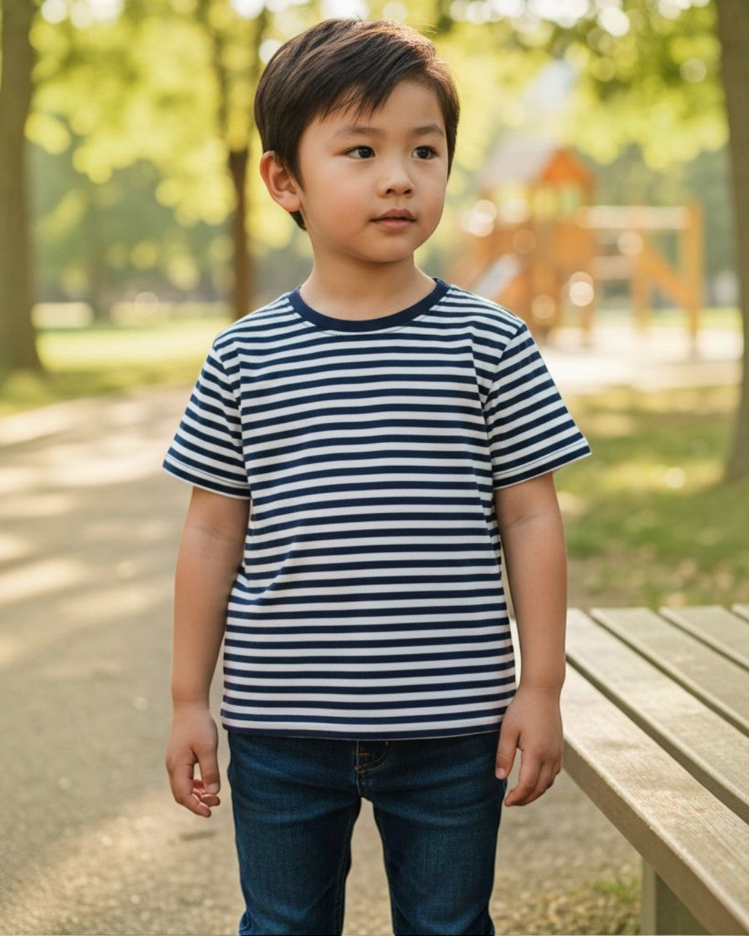 Child wearing a striped shirt standing in a park with trees and a playground in the background