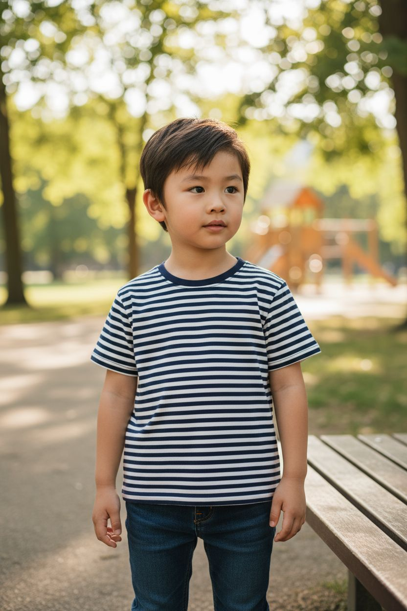 Child wearing a striped shirt standing in a park with trees and a playground in the background