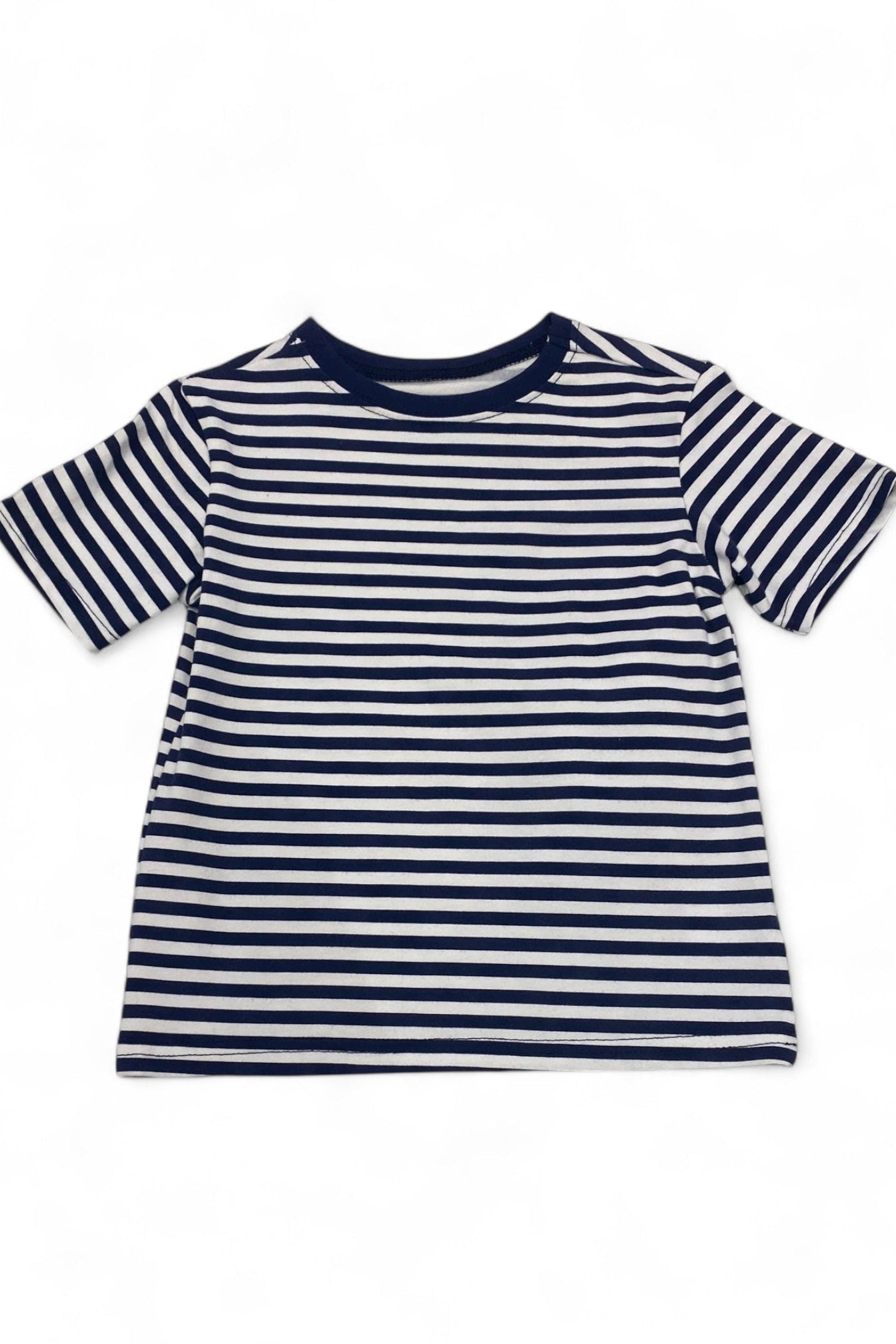 Navy and white striped t-shirt on a white background