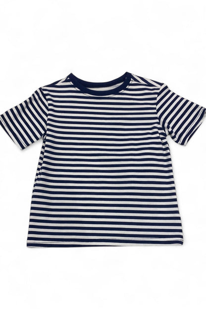 Navy and white striped t-shirt on a white background
