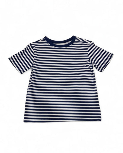 Navy and white striped t-shirt on a white background