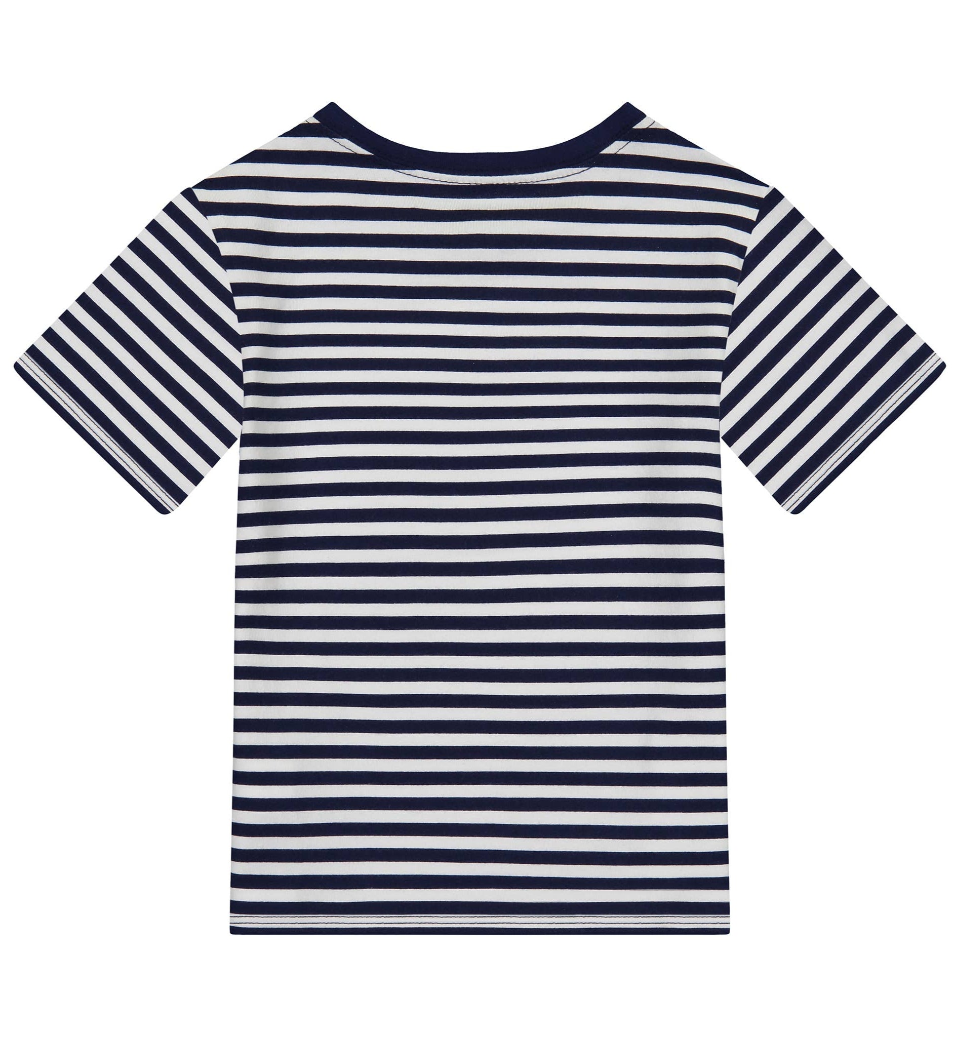 Navy and white striped t-shirt on a white background