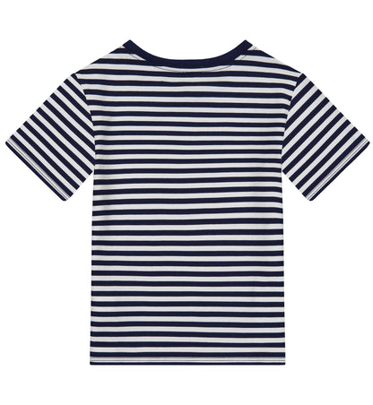 Navy and white striped t-shirt on a white background