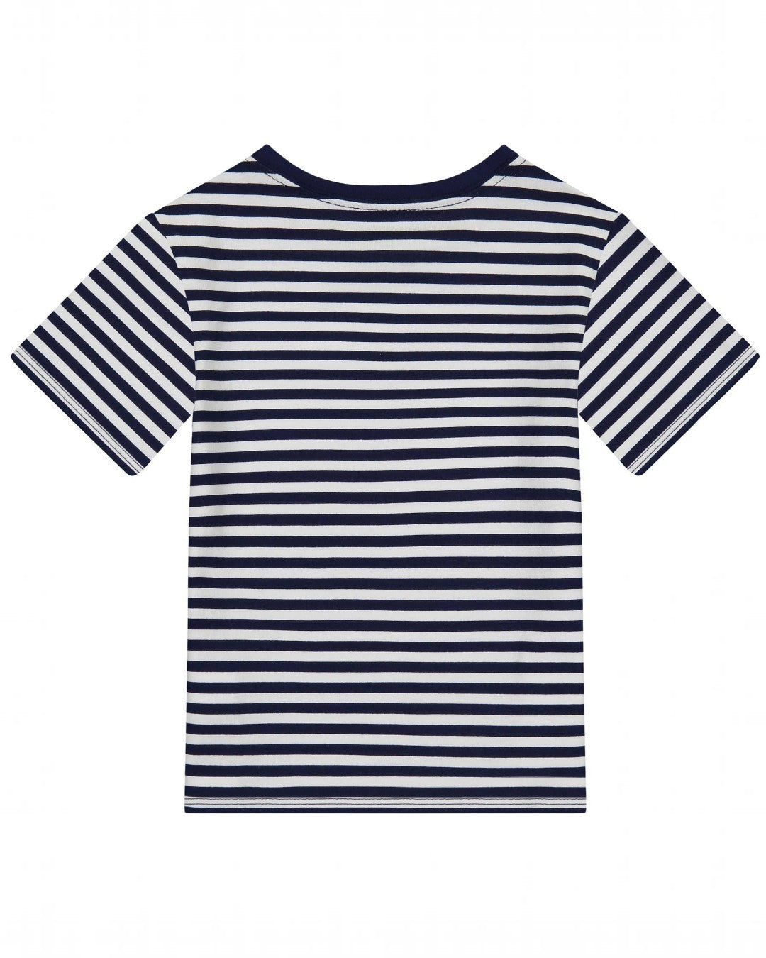 Navy and white striped t-shirt on a white background