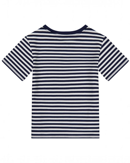 Navy and white striped t-shirt on a white background