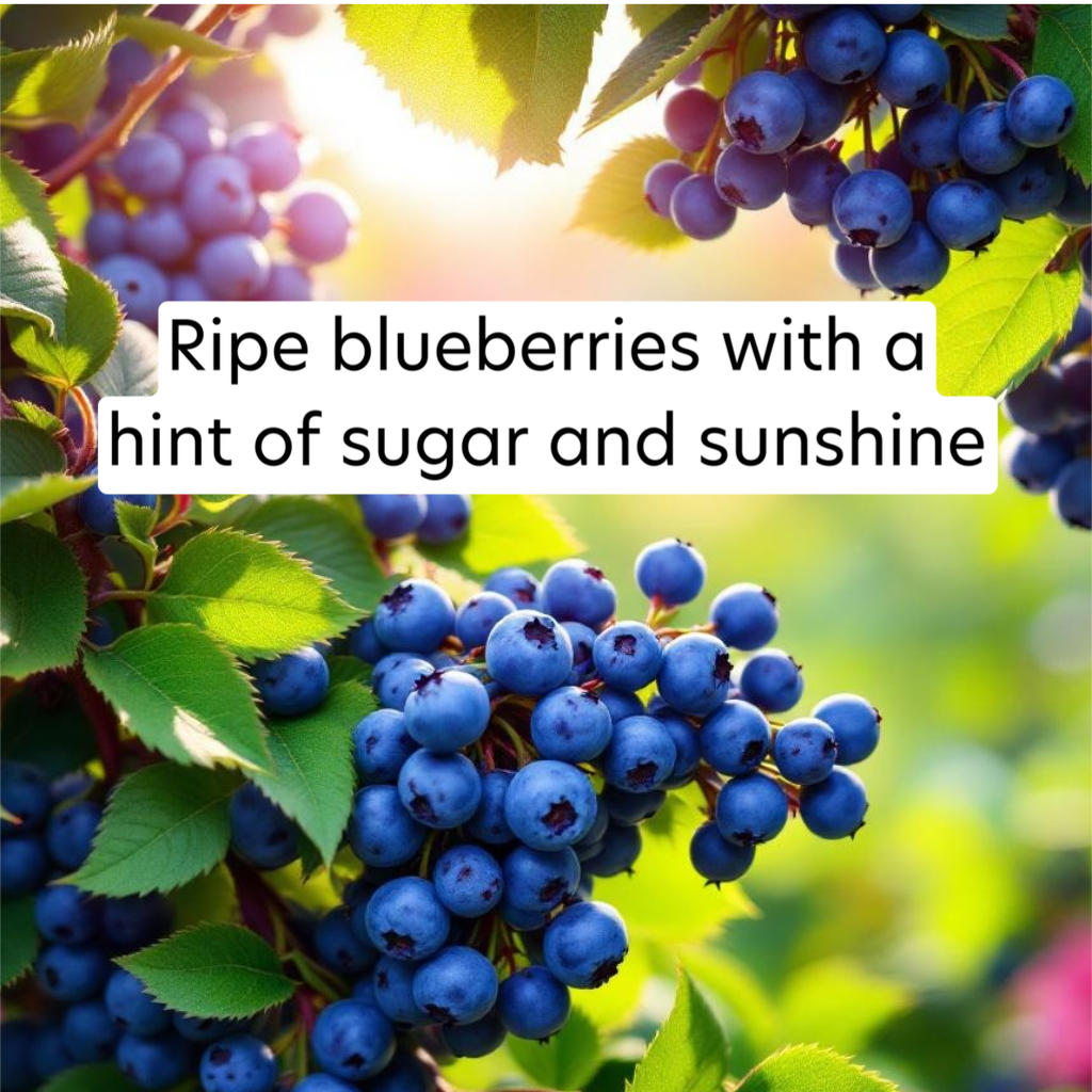 Ripe blueberries with green leaves and a bright background
