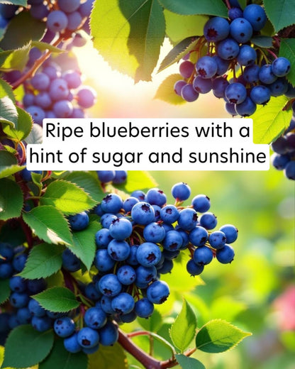 Ripe blueberries with green leaves and a bright background