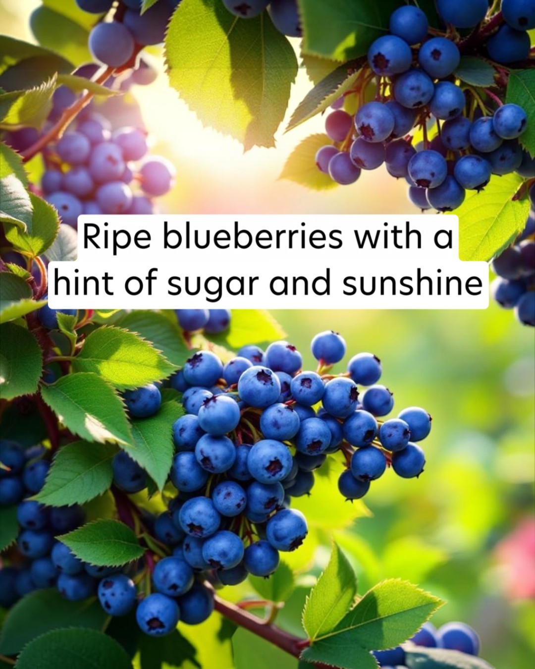 Ripe blueberries with green leaves and a bright background