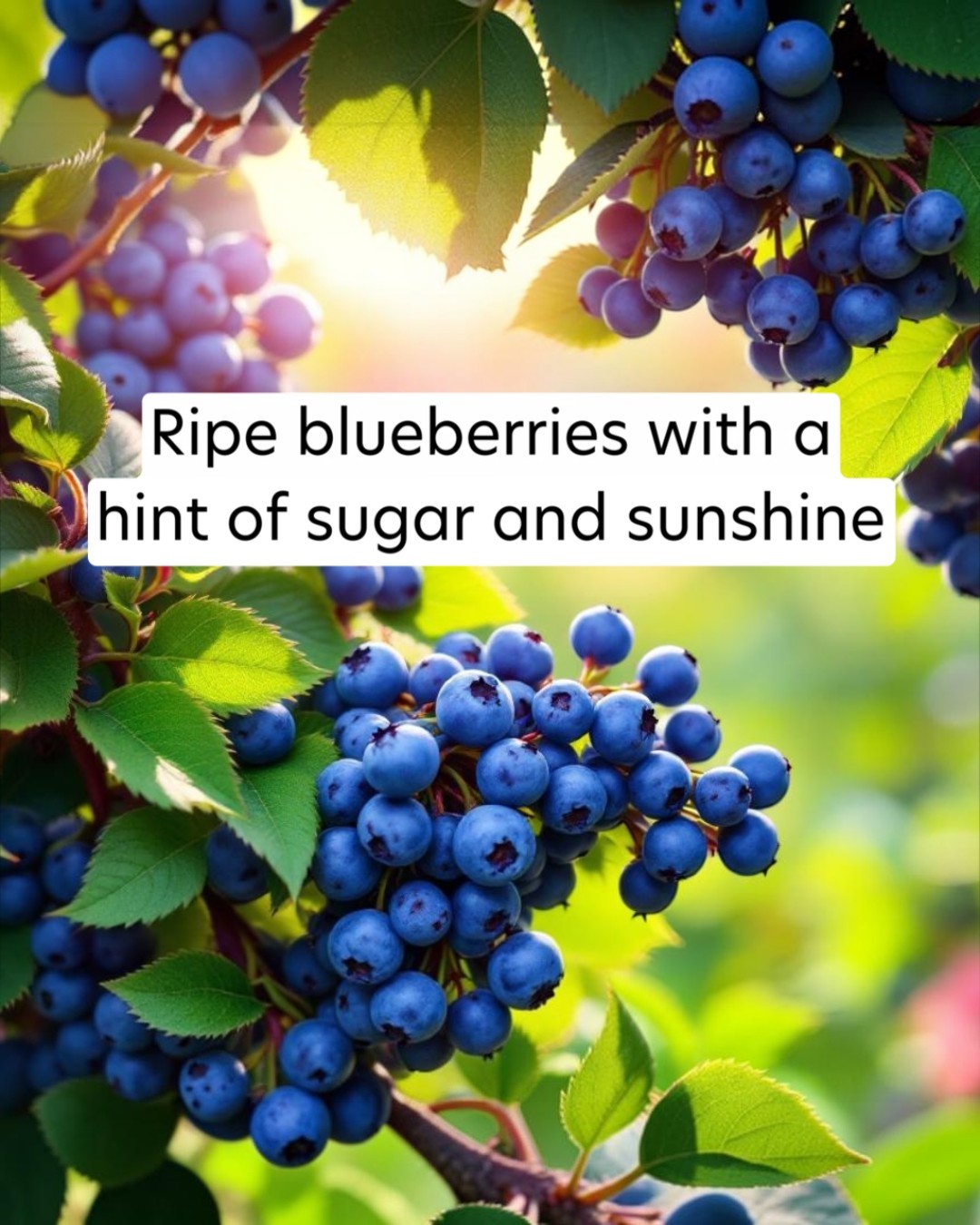 Ripe blueberries with green leaves and a bright background