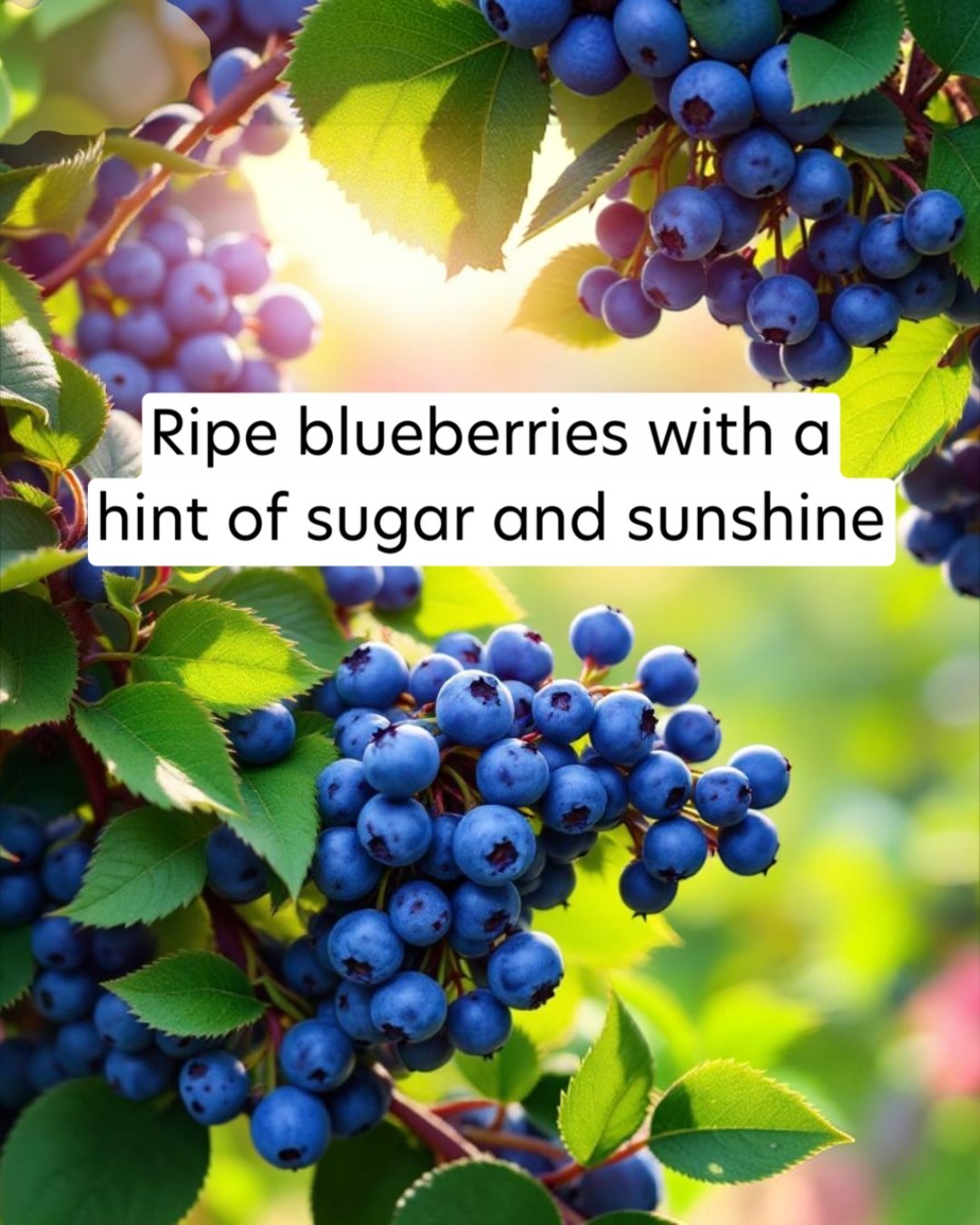 Ripe blueberries with green leaves and a bright background