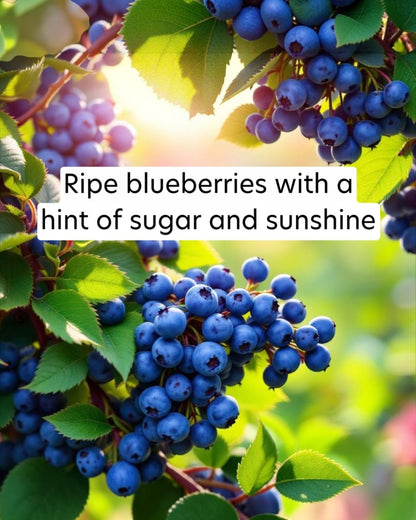 Ripe blueberries with green leaves and a bright background