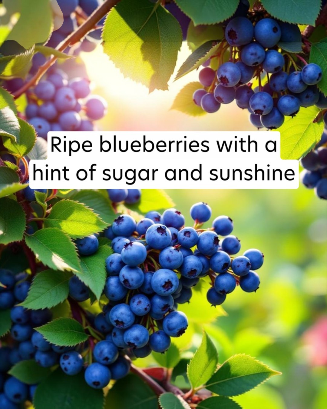 Ripe blueberries with green leaves and a bright background