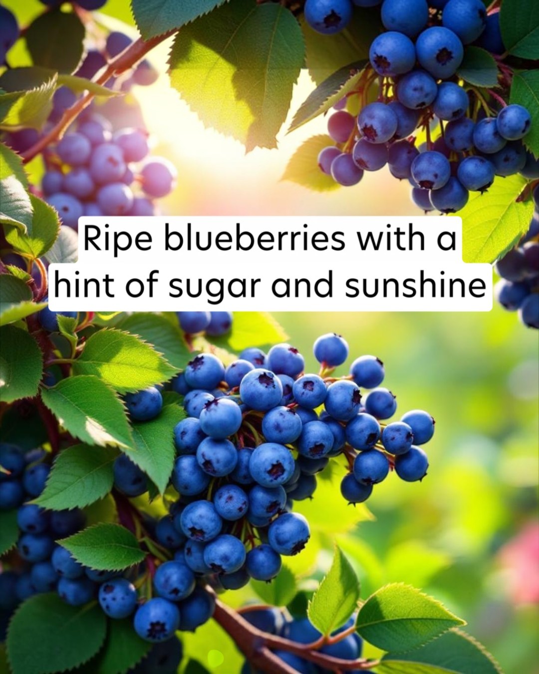 Ripe blueberries with green leaves and a bright background