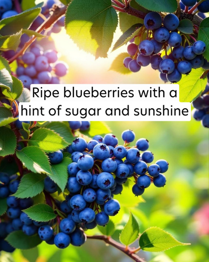 Ripe blueberries with green leaves and a bright background
