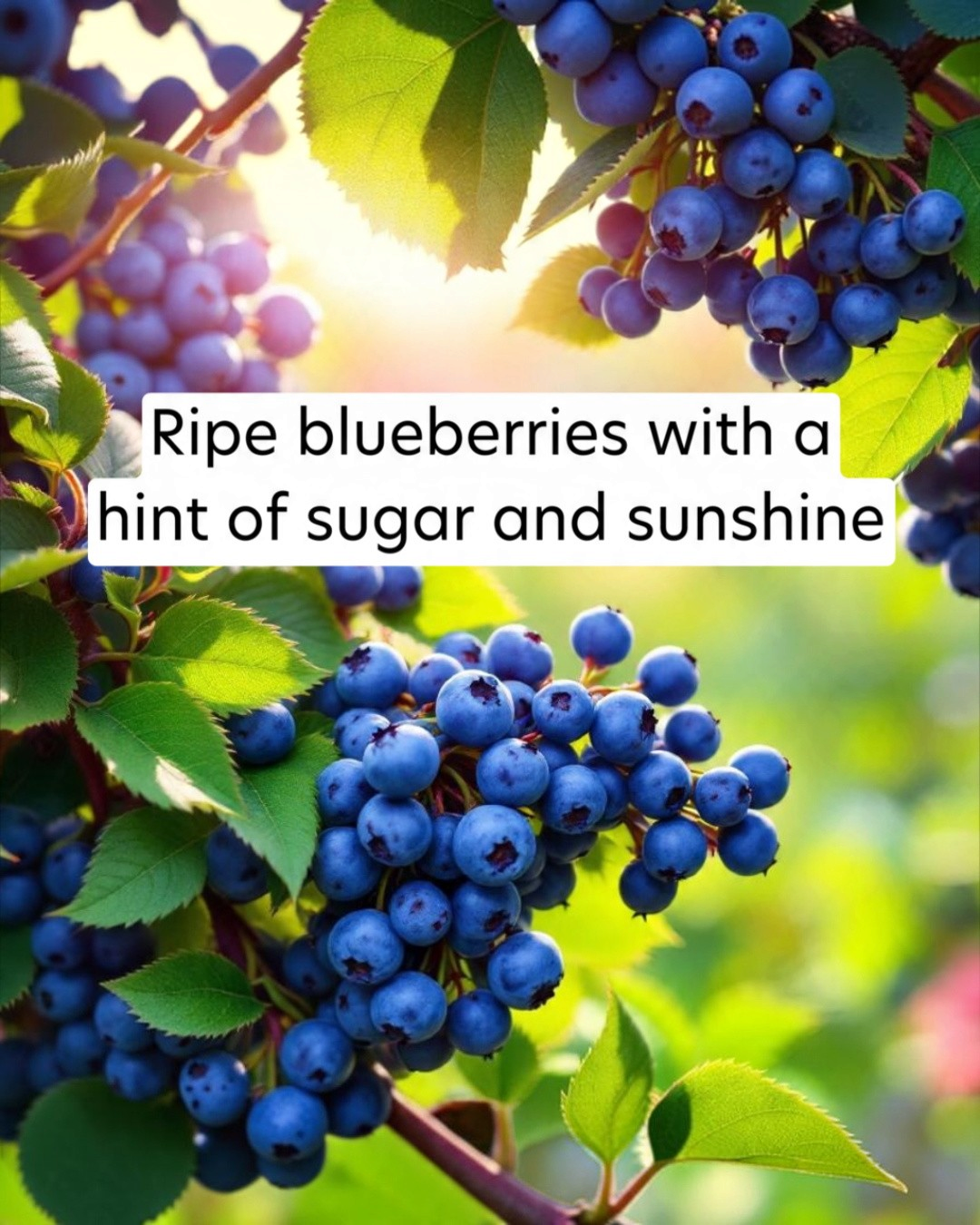 Ripe blueberries with green leaves and a bright background
