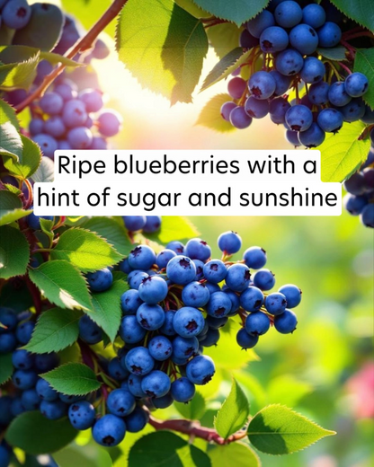 Ripe blueberries with green leaves and a bright background