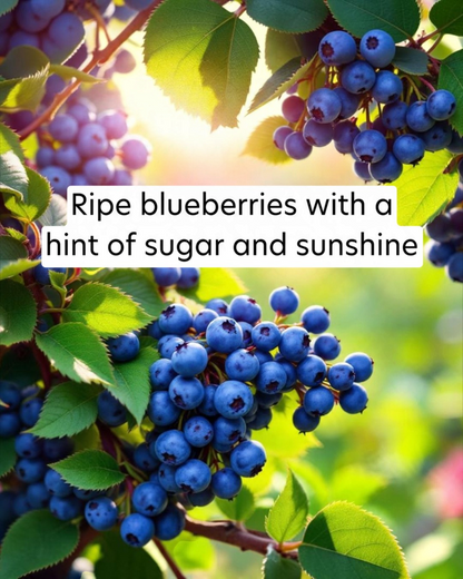 Ripe blueberries with green leaves and a bright background