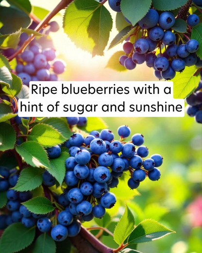 Ripe blueberries with green leaves and a bright background