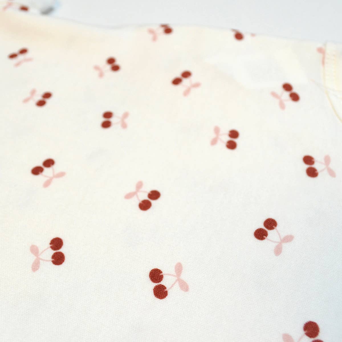 Pattern of red and pink cherries on a white background