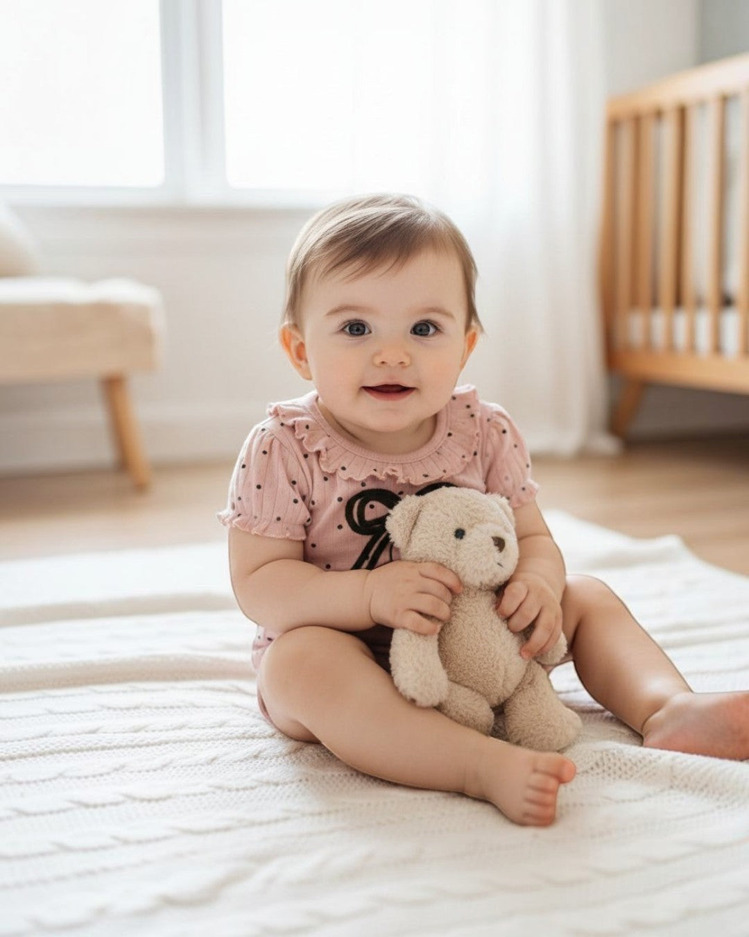 Pink baby bodysuit with black polka dots and a bow design on a white background