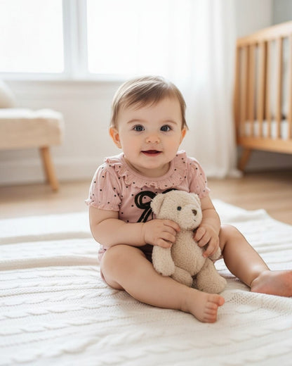Pink baby bodysuit with black polka dots and a bow design on a white background