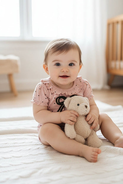 Pink baby bodysuit with black polka dots and a bow design on a white background