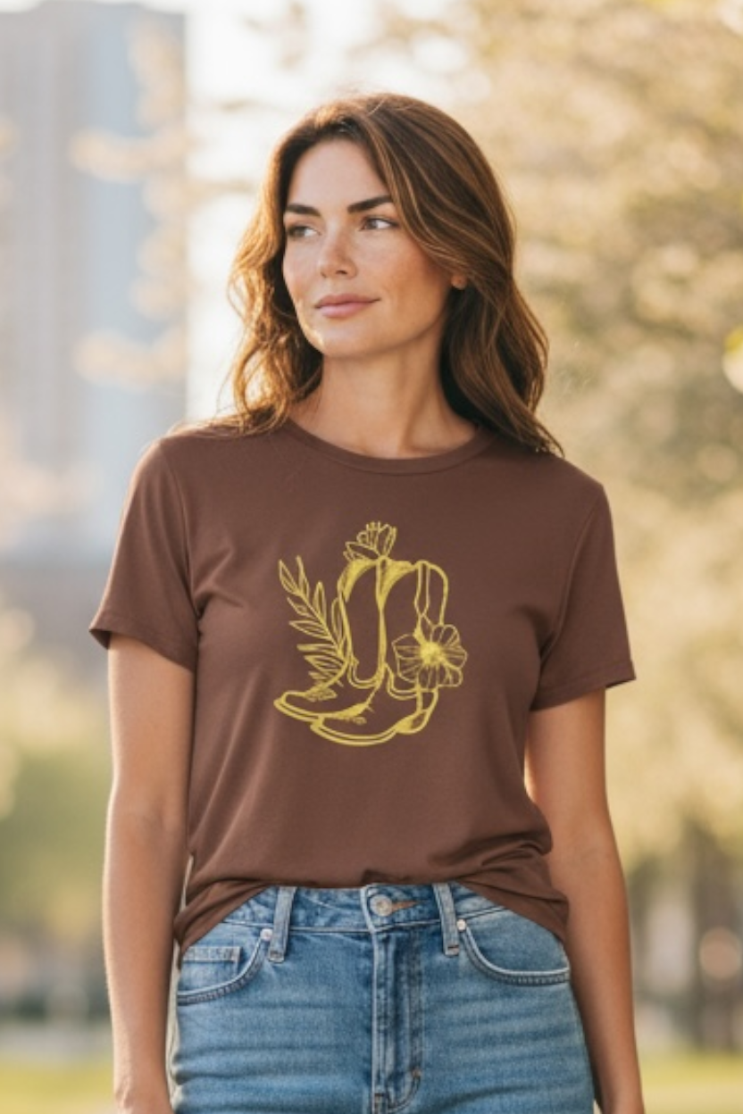 Woman wearing a brown t-shirt with a graphic design outdoors
