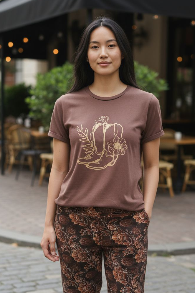 Woman wearing a brown t-shirt with a graphic design and patterned pants standing outdoors.