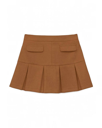 Brown pleated skirt with two front pockets on a white background