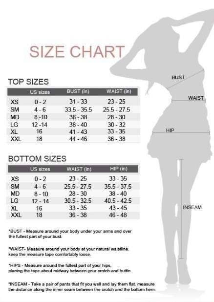 Size chart for clothing with a silhouette of a person and measurement instructions.
