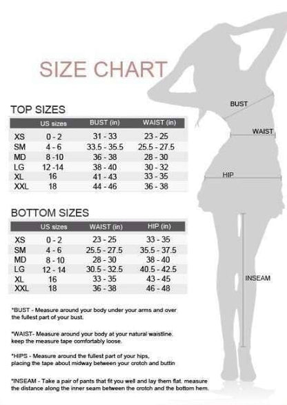 Size chart for clothing with a silhouette of a person and measurement instructions.