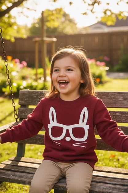 Child wearing a maroon sweatshirt with a white graphic, sitting on a wooden bench in a garden.