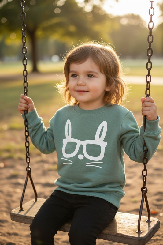 Child on a swing wearing a green sweater with a white graphic, sitting in a park.