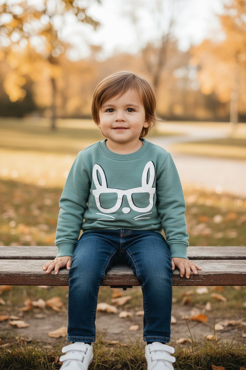 Child wearing a green sweater with a bunny design sitting on a bench in a park.
