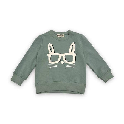 Green sweatshirt with a graphic design on a white background